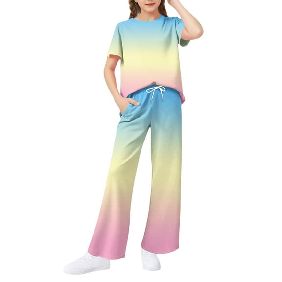 Abcomgle Lounge Sets for Girls 10-12 Girls 2 Piece Outfits Gradient Short Sleeve T-Shirts and Wide Leg Pants Set Cute Casual Girls Activewear Sets,13-14 Years