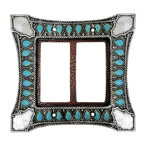 Double Rocker Decorative Switch Wall Plate – Electrical Outlet Cover in Southwest Tooled Leather and Faux Turquoise Gemstone Design – Rustic Western & Southwestern Home Décor (2 Gang)