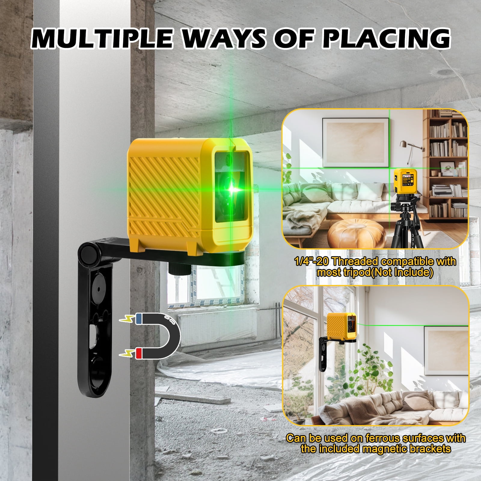 GloBest Portable Rechargeable Green Laser Level, 100ft Range, IP54 Waterproof, Type-C Charging, 360° Magnetic Bracket