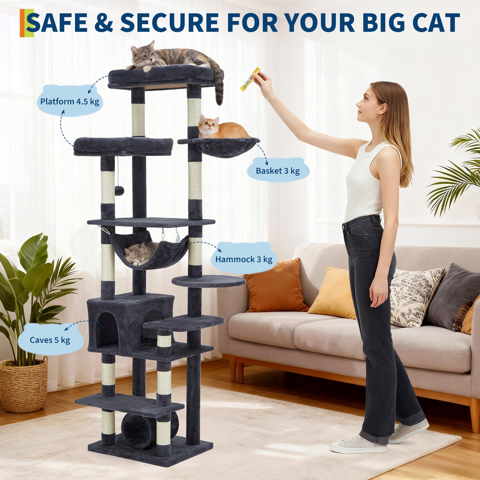 QinaQin 74 Inch Cat Tree for Large Cats, Multi Level Tower with Sisal Posts, Condo, Toys and Spacious Top Perch