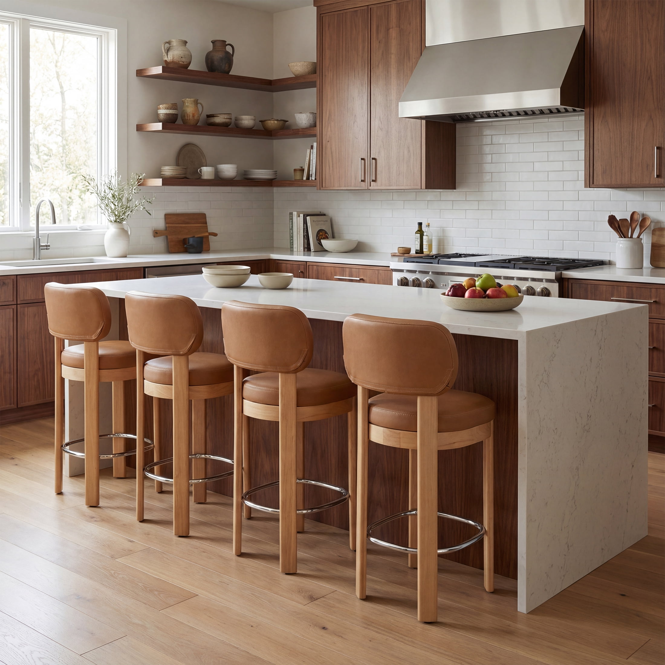 Guyou 26" Bar Stools Set of 4, Modern PU Upholstered Counter Height Bar Stools, Farmhouse Armless Bar Chairs with Solid Wood Legs & Padded Back for Kitchen Island/Dining Room Bar, Brown