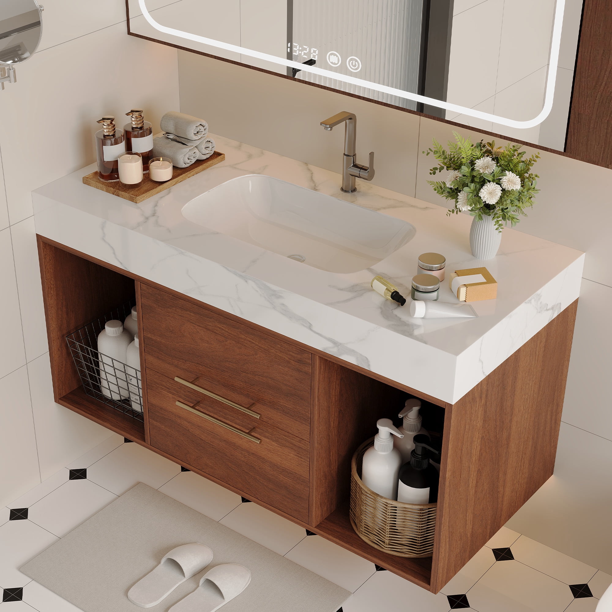 Aukfa 39.4" Floating Bathroom Vanity with Sink, Wall Mounted Cabinet,2 Drawer,Walnut