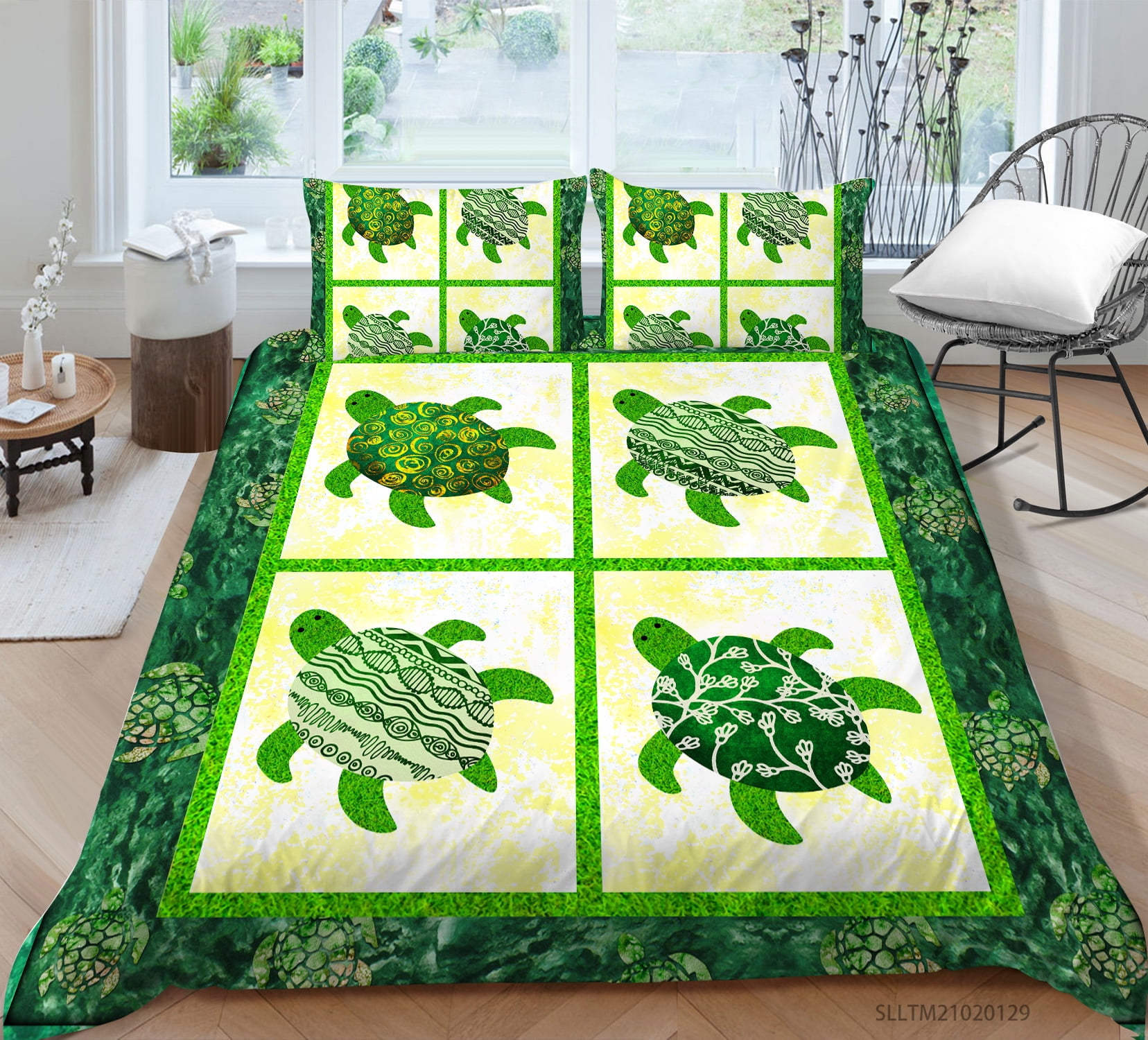 Luxury Green Quilt Cover Set Sea Turtle Printed Comforter Cover Set 2/3