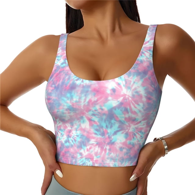 Fotbe Tie Dye Sujetador Deportivo Largo sin Aros para Mujer con Almohadillas y Soporte Medio, Transpirable y Absorbente, Camiseta Tipo Chaleco o Tank Top-X-Large
