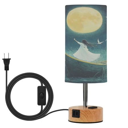Touch Control Table Lamp with Wood Grain Metal Base 3 Color Temperature Adjustable LED Eye Caring Desk Lamp for Bedroom Study Cartoon Moon Beauty