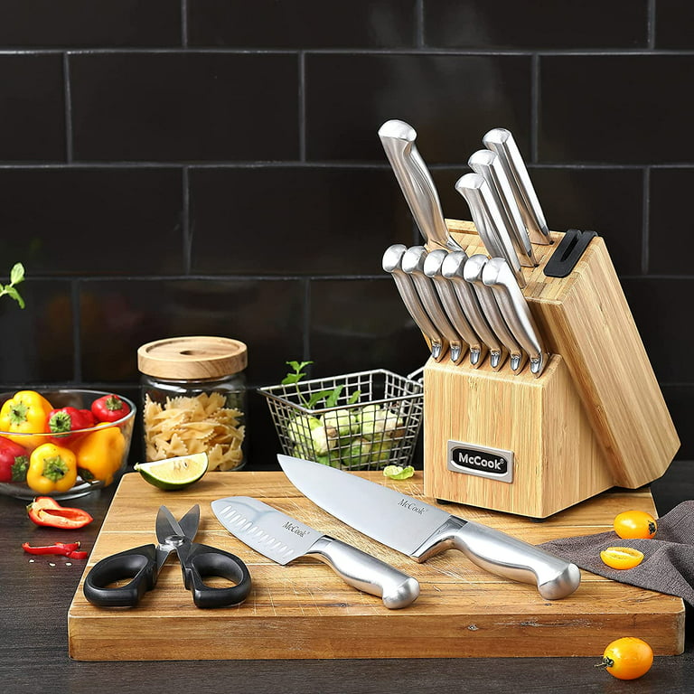 McCook MC25A 15-Piece Kitchen Knife Set Stainless Steel Forged Triple Rivet Cutlery  Knife Block Set with Built-in Sharpener,Chef Knife,Steak Knife -  Walmart.co…