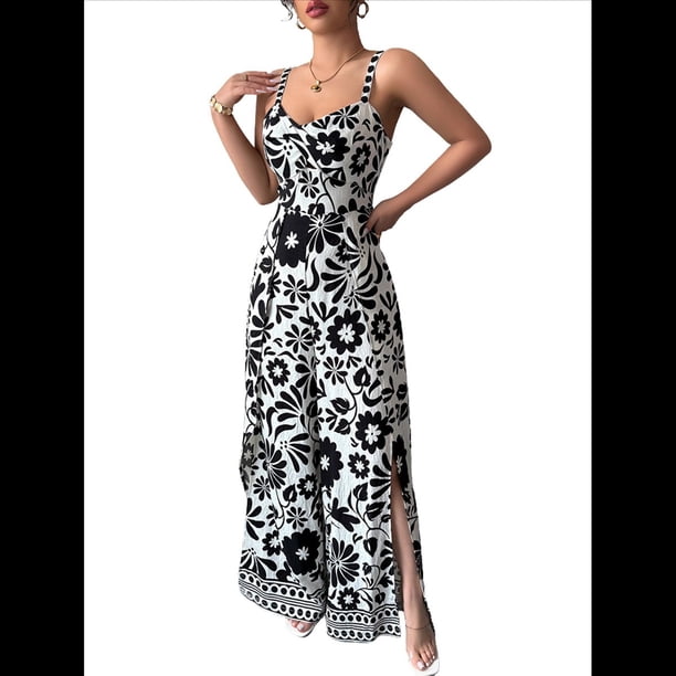 Mono de Pierna con Tirantes Pequeños y Estampado Retorcido Elegante para Mujer, y Verano 2025 Negro M