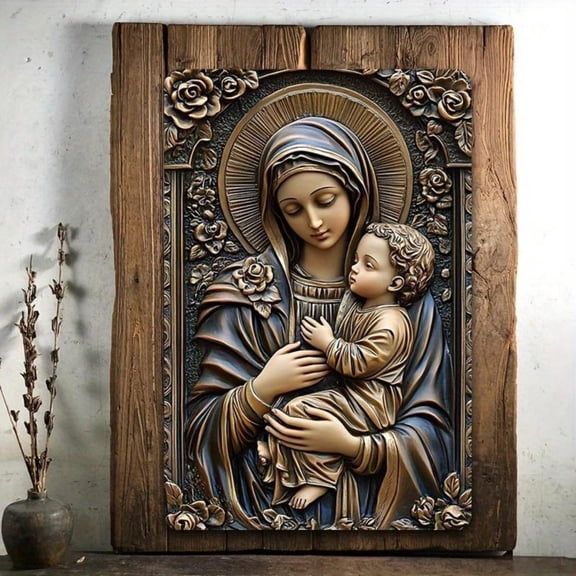 HELLOYOUNG Mary and Jesus Christian Wall Art Religious Metal Tin Sign Decor for Home Living Room Bedroom Kitchen Inspirational Gift