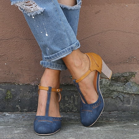 

Women s Fashion Rome Round Toe Buckle Strap Sandals Thick Heel High Heels Shoes