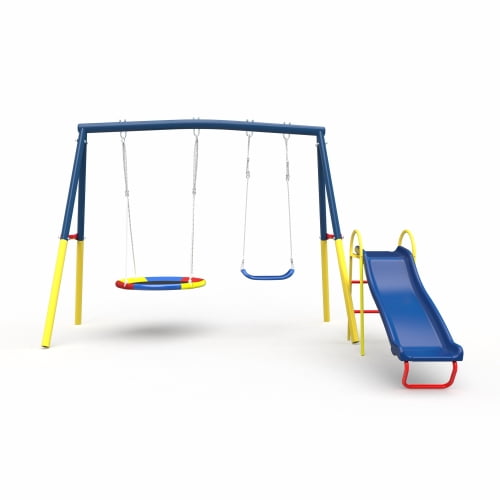 3 in 1 Swing Set for Backyard with Slide, Heavy Duty Outdoor Metal Playset for Kids Ages 3-8, Includes 32" Saucer Swing, Belt Swing, and Slide, Easy Assembly Playground Equipment (Blue)