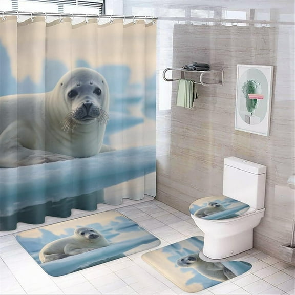 4Pcs Contemporary Snow Seal Waterproof Shower Curtain Sets for Bathroom,Cute Modern Ocean Wild Animal Bathroom Decor Set with Shower Curtain and Rugs and Accessories