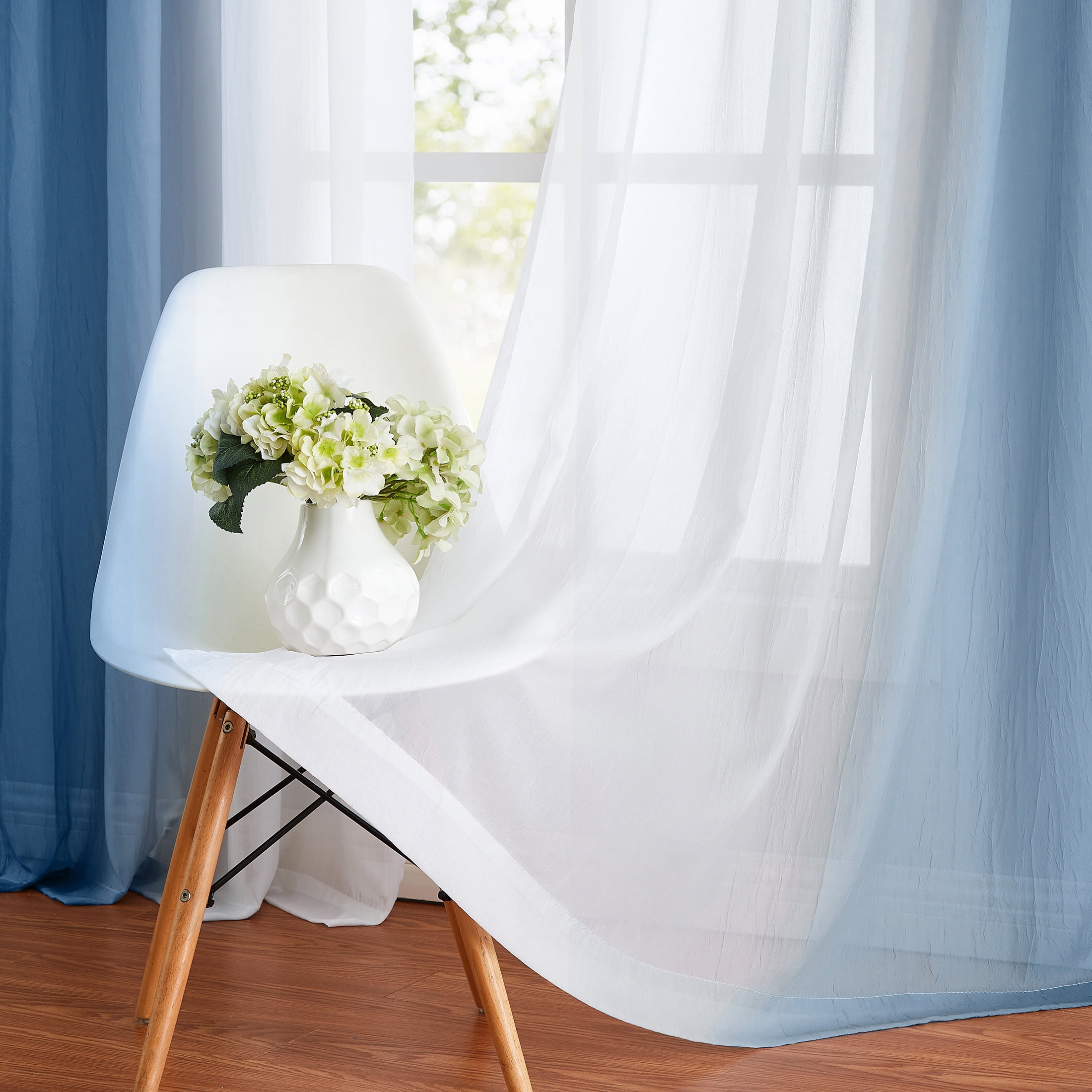 Junvictex Blue Ombre Crushed Chiffon Sheer Curtains 52"Wx84"L for Bedroom Living Room Decor, Set of 2 Crinkle Curtain Panels,Grommet