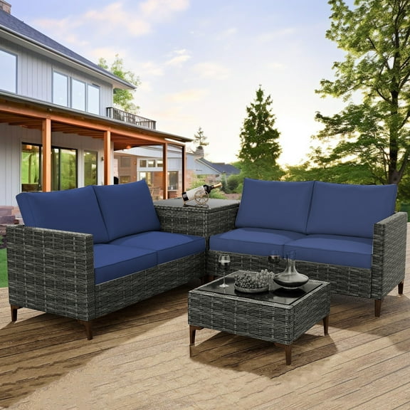 Outdoor PE Wicker Furniture Set 4 Piece Patio Black Rattan Sectional Loveseat Couch Set Conversation Sofa with Storage Box Glass Top Table and Non-Slip, Gray Blue