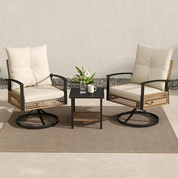 Outdoor Swivel Chairs Set of 2 with Side Table, 3 Pieces Patio Bistro Set with Armrests, High Back Wicker Swivel Rocker Patio Chairs, Modern Patio Conversation Set for Porch/Yard, Beige