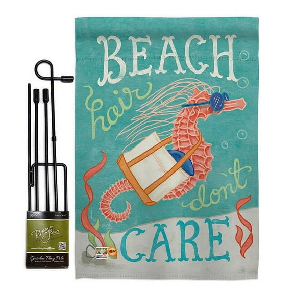Breeze Decor BD-NA-GS-107061-IP-BO-D-US18-WA 13 x 18.5 in. Seahorse Beach Hair Coastal Nautical Impressions Decorative Vertical Double Sided Garden Flag Set with Banner Pole
