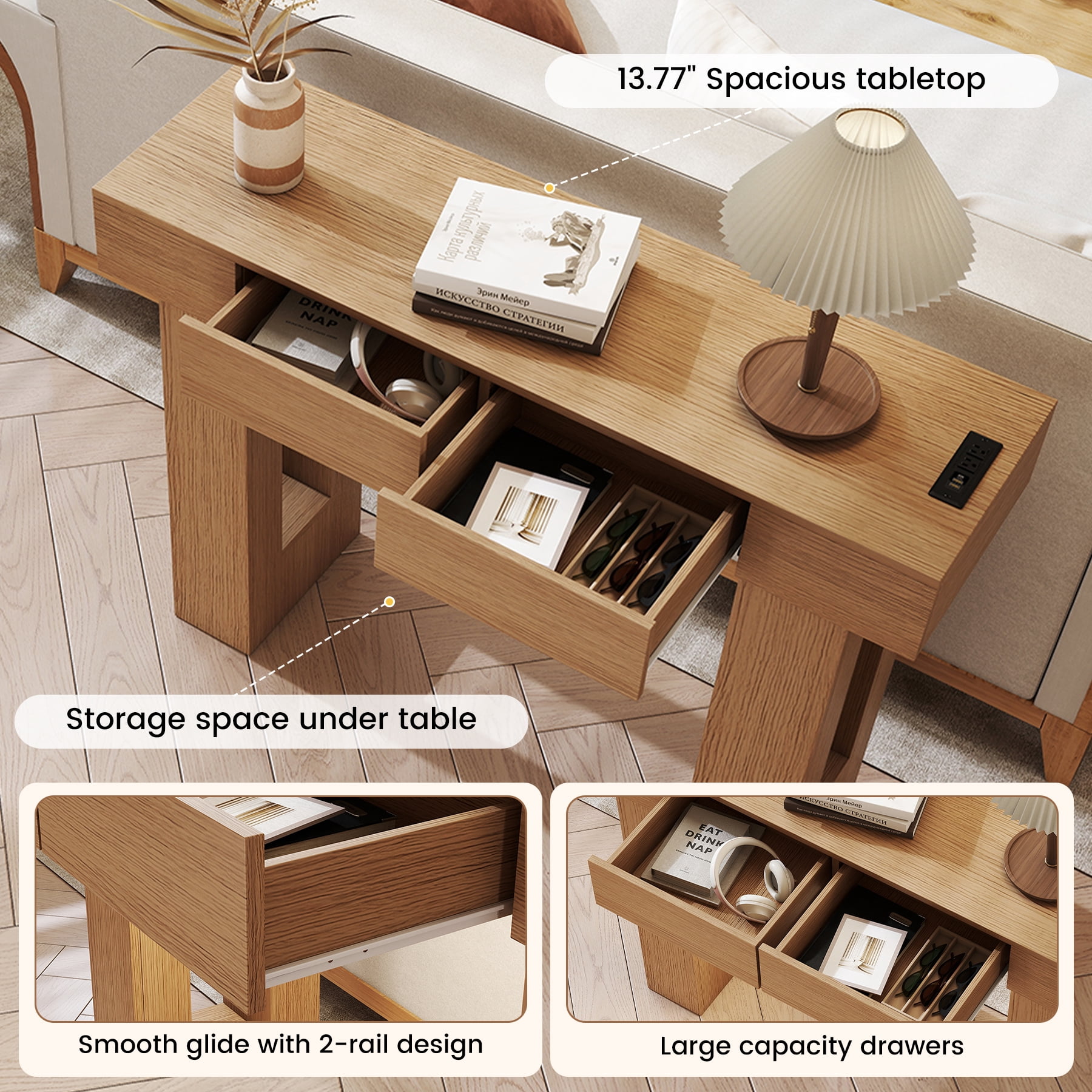 MOONMISS 47"Wide Console Table with 2 Drawers, Multifunctional Charging Station, LED Light, Solid Wood Farmhouse Console Table Behind Couch for Entryway, Hallway, Living Room-Natural Wood