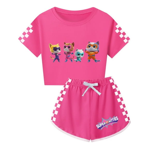Kids SuperKitties Clothes Set – Girls Short Sleeve Tee and Shorts – Stylish Summer Wear