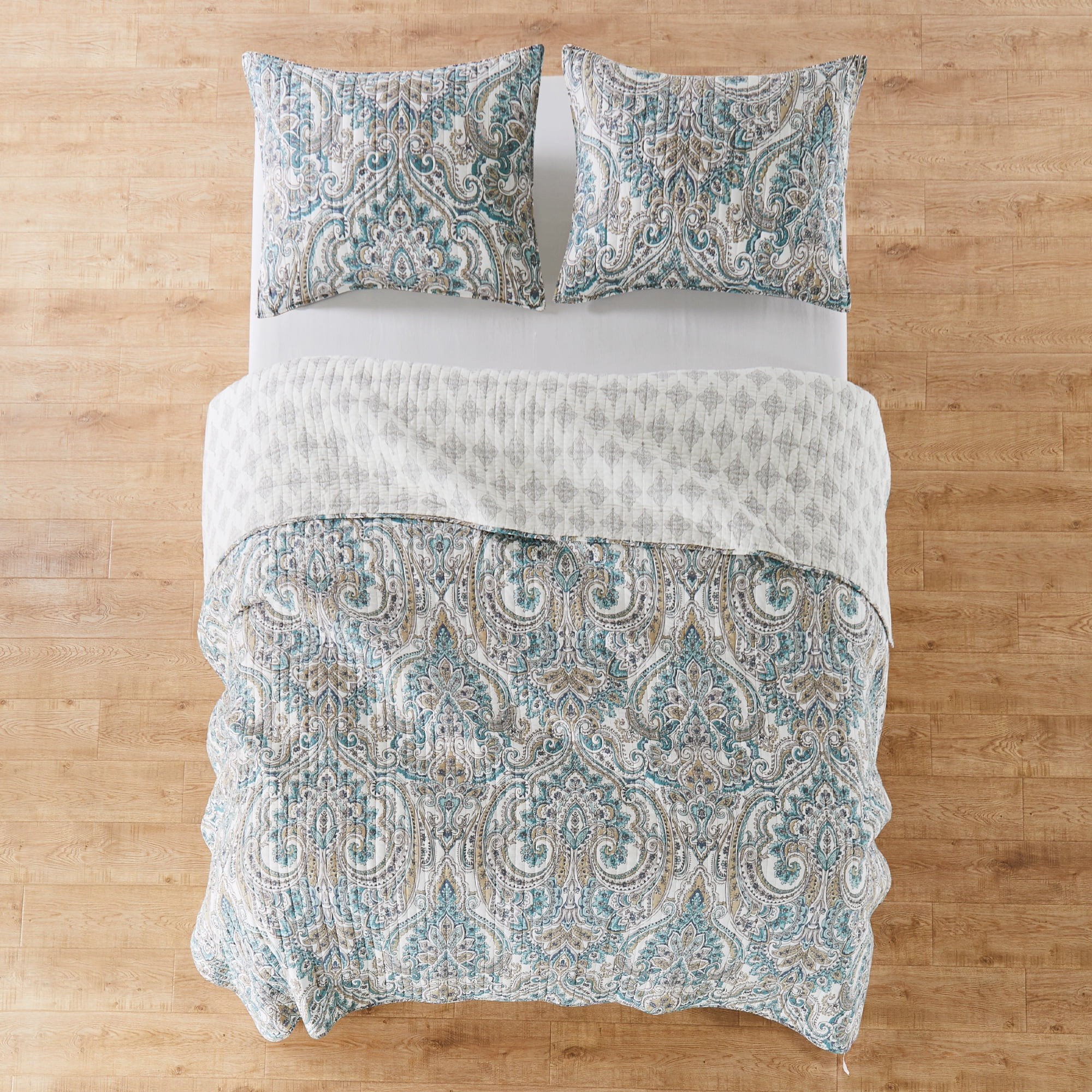 Levtex Home - Rome Quilt Set - King Quilt + Two King Pillow Shams - Paisley - Beige, Blue, and White - Quilt Size (106x92in.) and Pillow Sham Size (36x20in. ) - Reversible - Cotton Fabric