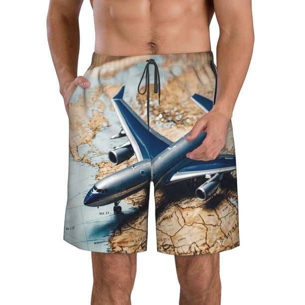 Fotbe Airplane World Map Adventure Trajes de Baño Estampados para Hombre, Shorts de Verano de Secado Rápido, Ropa de Playa, Bañadores-Small
