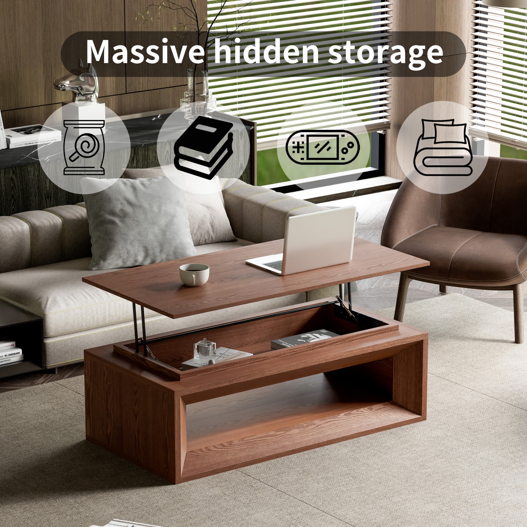 Noble House Fraser 43.3" Modern Lift-Top Coffee Table with Hidden Storage, Adjustable Height for Living Room, Walnut