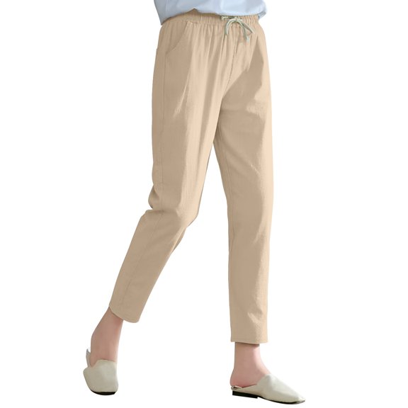 Haoxianjian Women's Pants High Waisted Ankle Pants 2 Pockets Stright Leg Linen Sweatpants for Golfs Athletic Travel Casual Lounge loose Fits