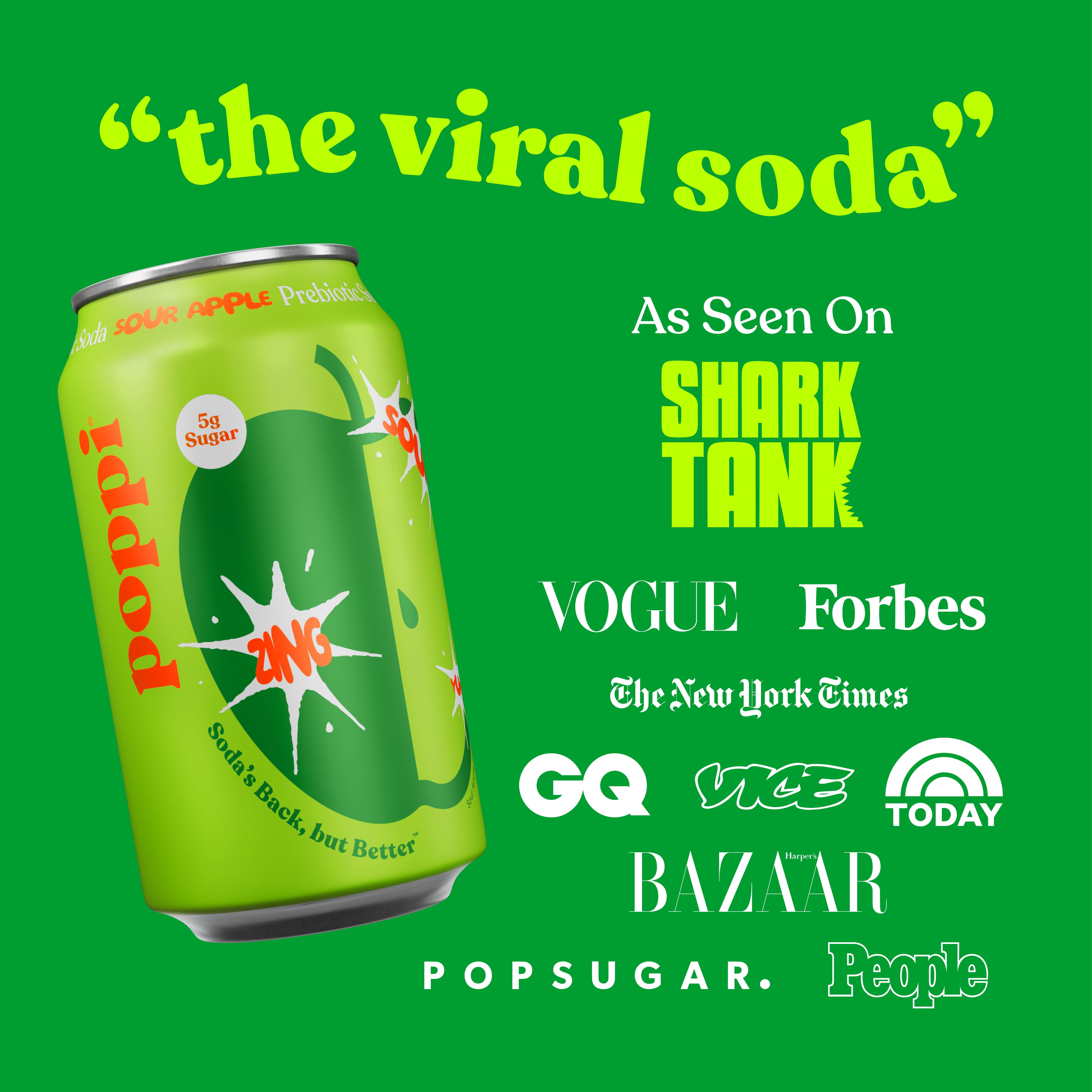 Poppi Sour Apple Prebiotic Soda, 12 oz, 12 Pack Cans