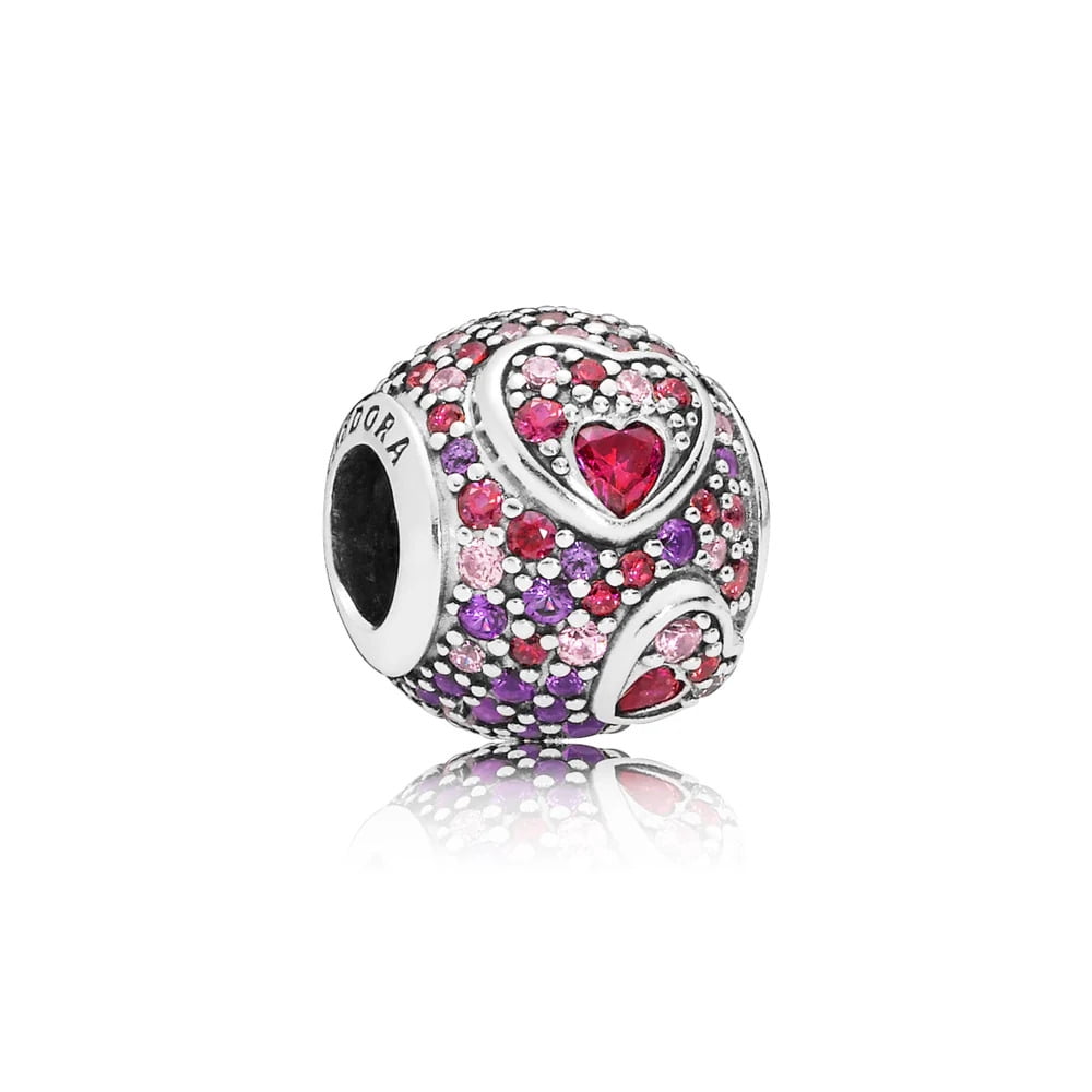 Pandora Sterling Silver with Pink Cubic Zirconia Asymmetric Hearts of Love Charm