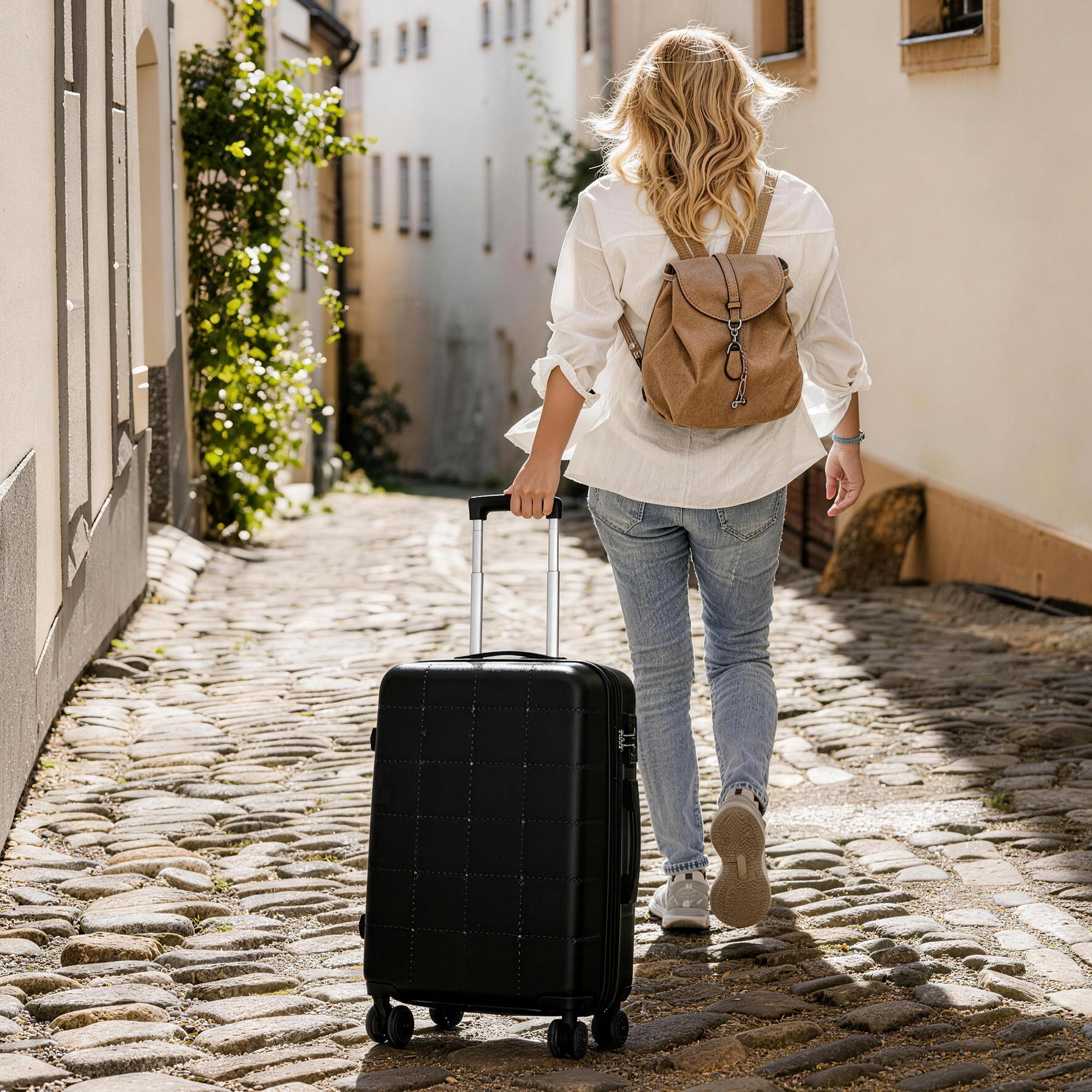 Euroco Luggage Sets 5 Piece, ABS Hardside Expandable Suitcase Set with TSA Lock Spinner Wheels and 2 Bags,20" Half-opening Carry on Luggage with USB Port for Travel,Black(20"/24"/28")