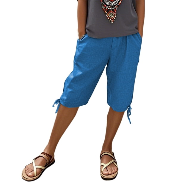 Pantalones de lino para mujer con bolsillos, cintura alta con cordón elástico, largo cinco octavos, confeccionados en suave tejido de poliéster, informales, para el parque, fiestas o citas.