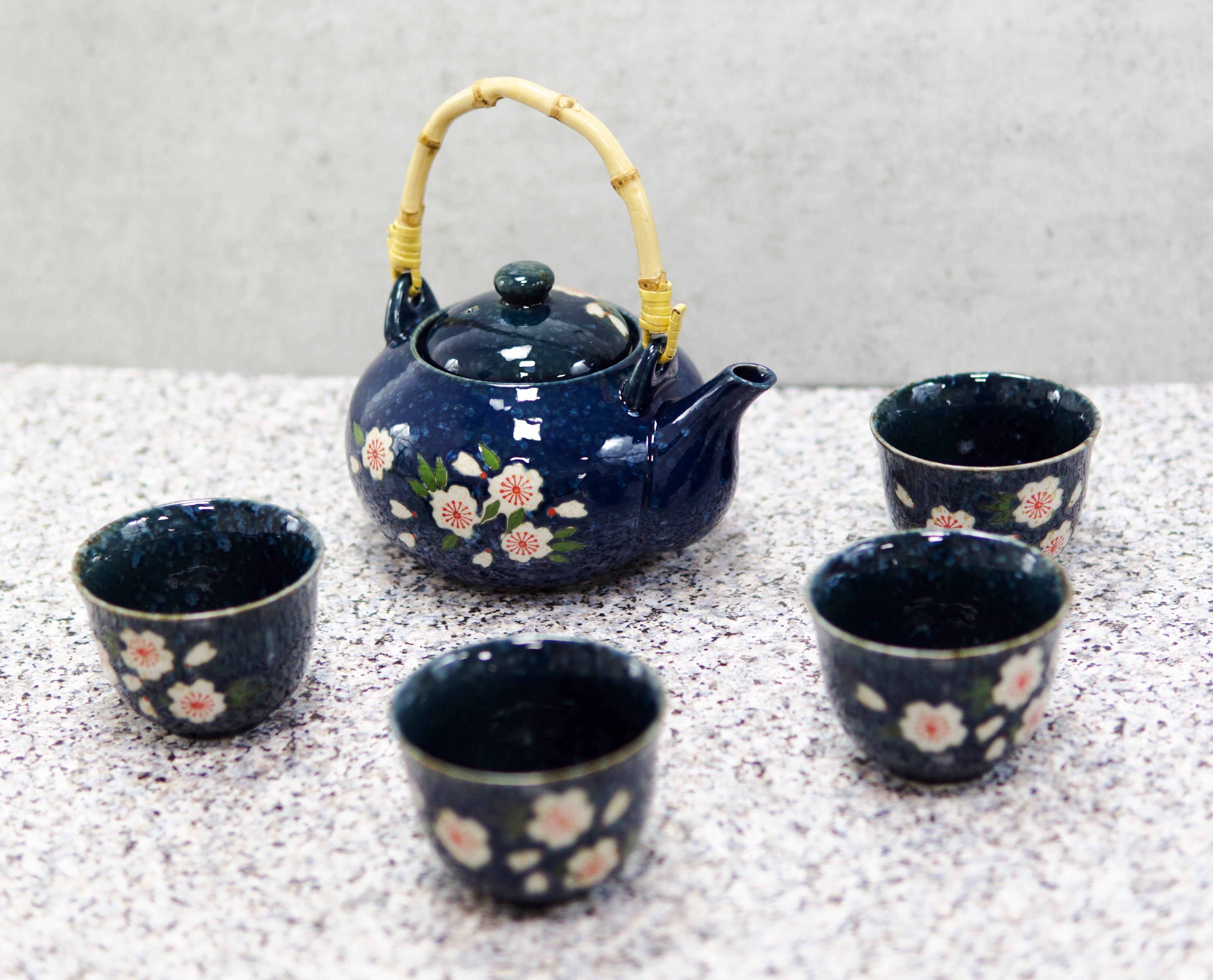 Japanese Sakura Cherry Blossom Flowers Navy Blue Ceramic Tea Pot