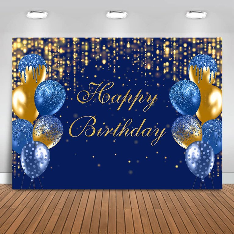 Happy Birthday Backdrop Banner, Navy Blue and Silver Glitter Birthday Party