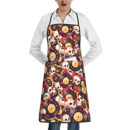 

Gaeub Skull record lips Kitchen Cooking Aprons Adjustable Bib Apron Waterdrop and Oil Resistant Kitchen Chef Apron for Women Men