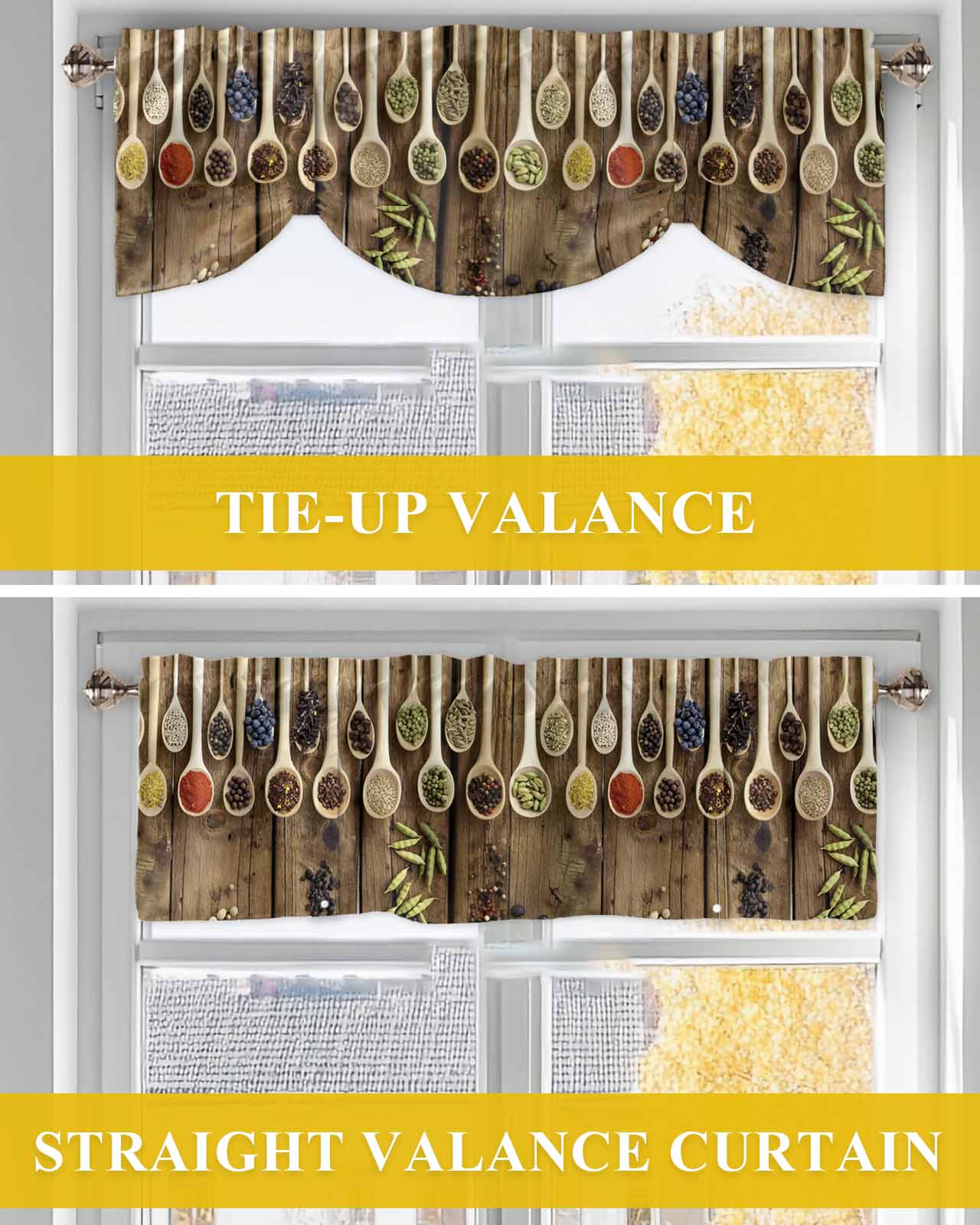 Kitchen Spices Curry Tie Up Valances Curtain, Adjustable Kitchen Chilli Pepper Wood Farmhouses Valances for Windows Decor, Rod Pocket Short Curtains Set for Bedroom/Bathroom, 60"x18"