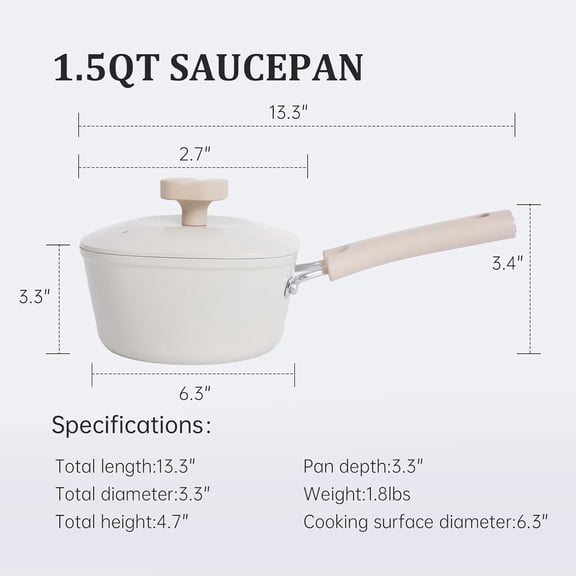 1.5QT Saucepan with Lid, Nonstick Ceramic Coating, PFAS & PFOA-Free, Induction Compatible, Dishwasher Safe, Stay-Cool Handles, Scratch-Resistant Design