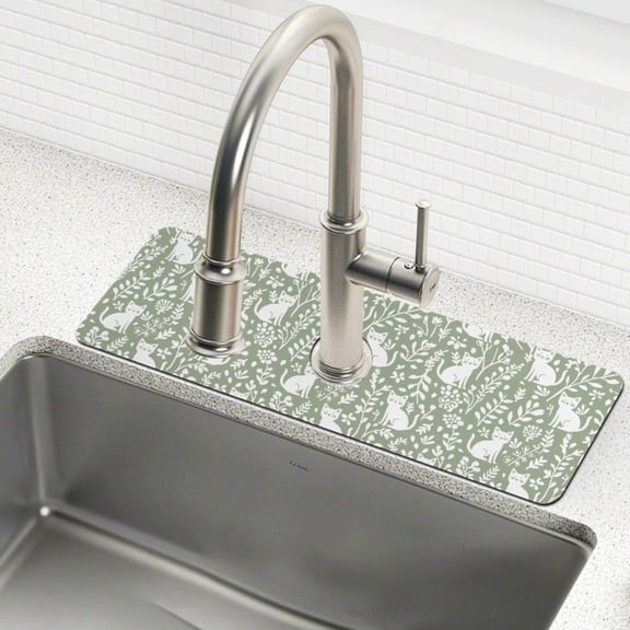 Yayeee Faucet Mat for Kitchen Sink 14.7" Diatomite Long Splash Guard Pad, Green Floral Cat Pattern