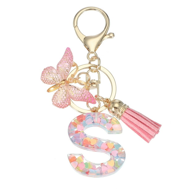 Llavero de letra inicial del alfabeto Uxcell, llaveros de resina lindos con borlas y encanto de colgante de mariposa para mujeres S