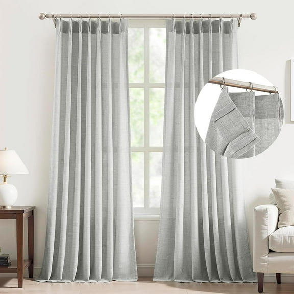 KFHARS-Pinch Pleated Curtains 96 Inches Long for Living Room, Grey Semi Sheer Faux Linen Textured Pleat Drapes for Bedroom with Hooks, Light Filtering Farmhouse Window Drapes 2 Panels