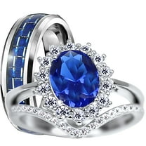 LaRaso & Co His Hers TRIO Wedding Rings Set Silver Titanium Blue Sapphire CZ Bridal Ring Set Men Women