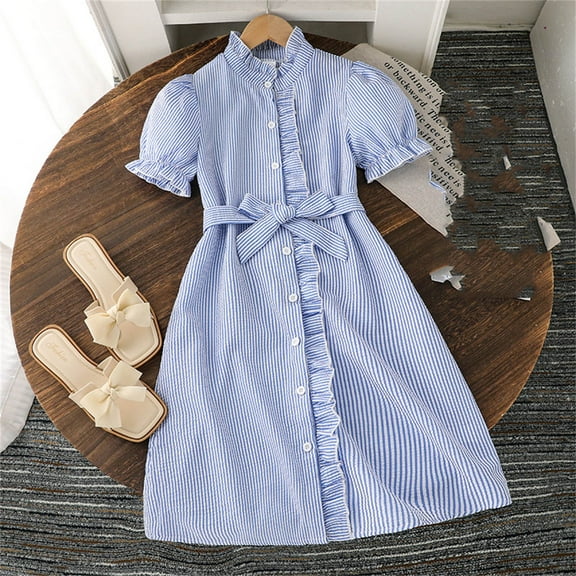 HOMADLES Girls Teen Dresses Crewneck Ruffled Short Sleeve Stretch Fashion Breathable Casual Dress Blue 12 T