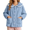 thumbnail image 2 of XRoczxe Women Fuzzy Fleece Button Front Sleep Jacket Lace Ruffle Peter Pan Collar Large Side Pockets Soft Warm Winter Loungewear Coat 7 Elegant Solid Colors, 2 of 5
