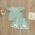 thumbnail image 2 of Ensemble 2 Pcs pour Filles Manches Volantes Col Contrasté T-Shirt + Shorts Nœud Papillon Été, 2 of 7