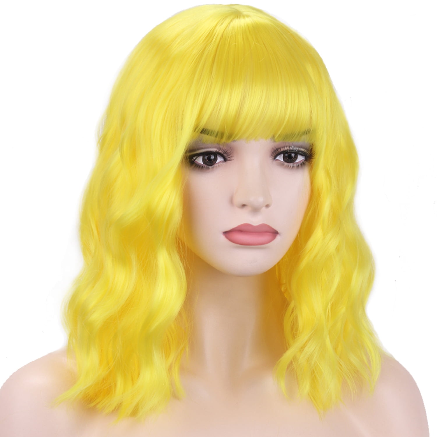 BERON Yellow Wigs Short Curly Bob Wig with Bangs Wavy Hair Wigs 14 Inches Women's Synthetic Wigs Daily Party Use