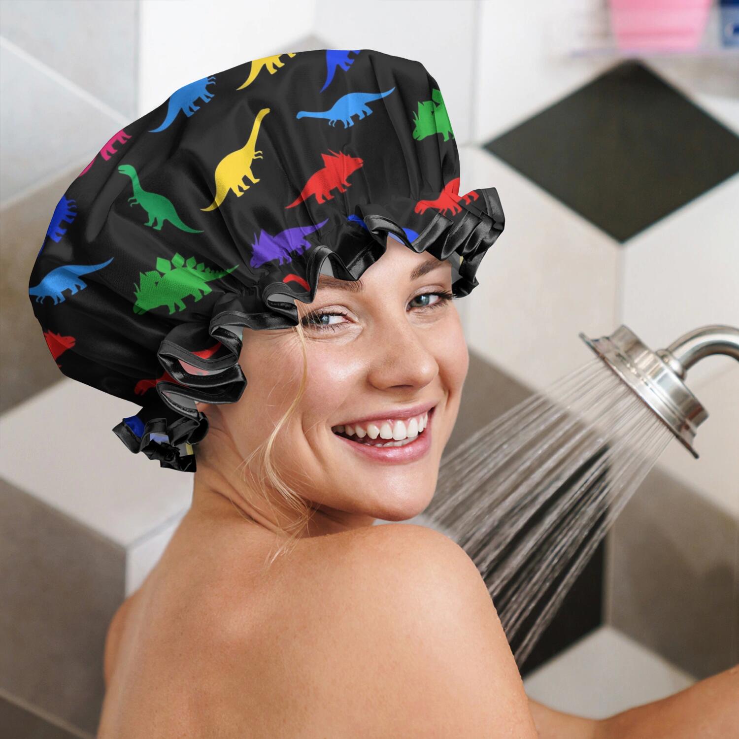 Shower Caps,Black Cartoon Dinosaurs Colorful Silhouettes Pattern Waterproof Shower Cap for Women 4 Pieces,Double Reusable Hair Cover for Shower PEVA Elastic Stretch Hem