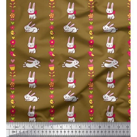 Soimoi Crepe Silk Fabric Floral,Bird & Bunny Kids Print Fabric by The Yard 42 Inch Wide