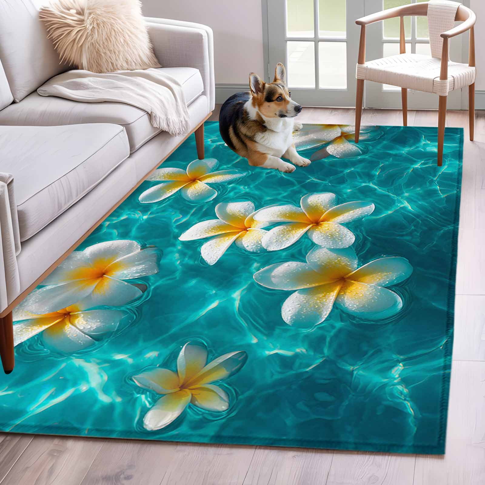Summer Sea Washable Area Rugs 2.7 x5 Watercolor White Eggflower Floral Blue Ripples Seawater Low Pile Throw Living Room Rug Non-Slip Sturdy Edge Binding Carpet for Indoor Entryway Bedside Kitchen