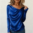 thumbnail image 2 of Lenpel Satin Blouses for Women Trendy Long Sleeve Crew Neck Ruched Curved Hem Dressy T Shirts Business Casual Tops(Blue,XX-Large), 2 of 5