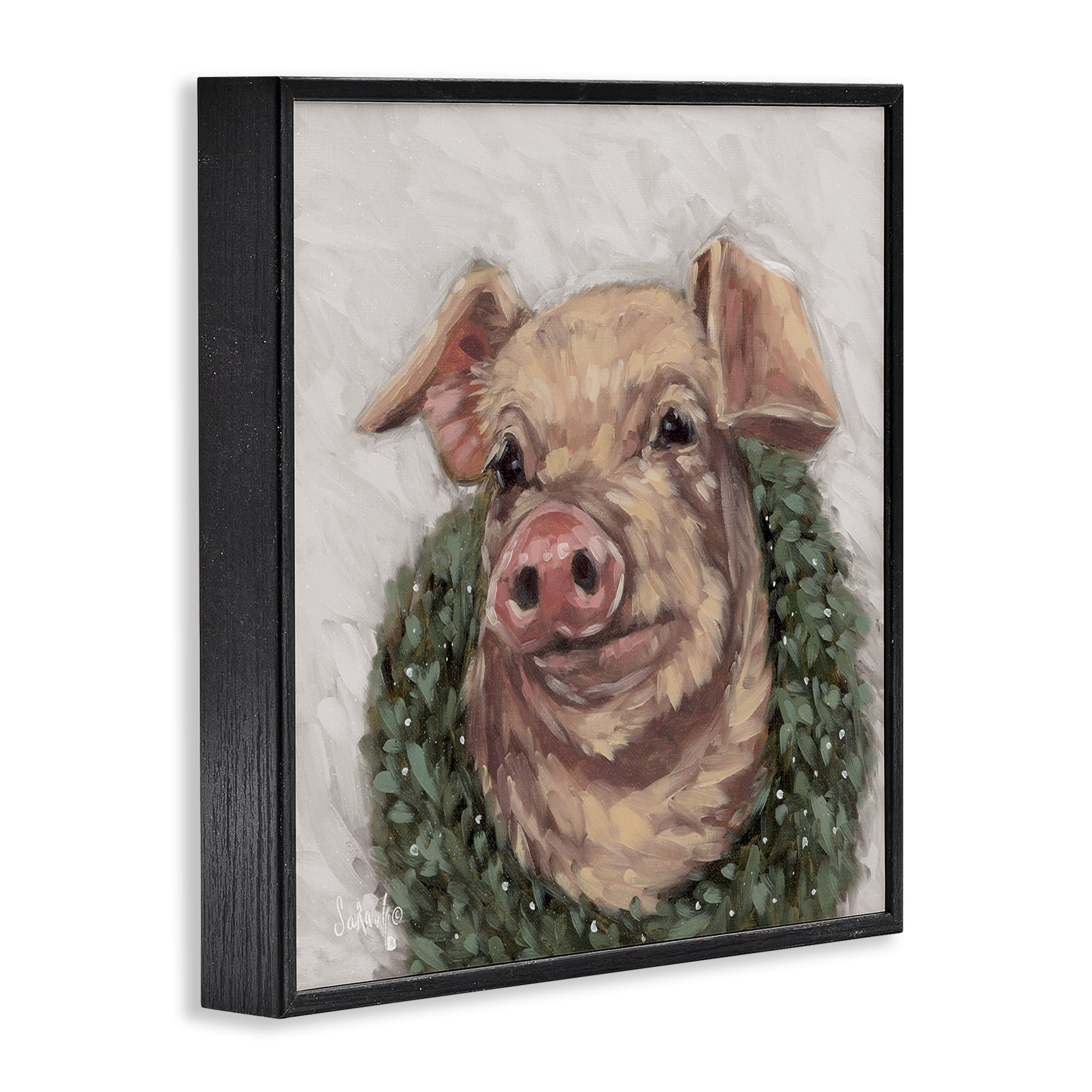 Stupell Industries Pig with Holiday Wreath Holiday Painting Black Framed Art Prints Wall Art, 17 x 17