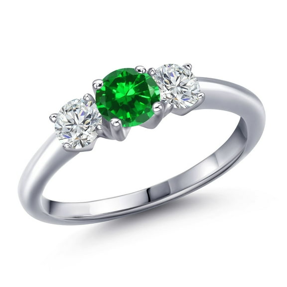 Gem Stone King 925 Sterling Silver Green Created Emerald and Lab Grown Diamond Engagement Ring for Women | 1.38 Cttw | Round 5MM | Gemstone May Birthstone | Size 9