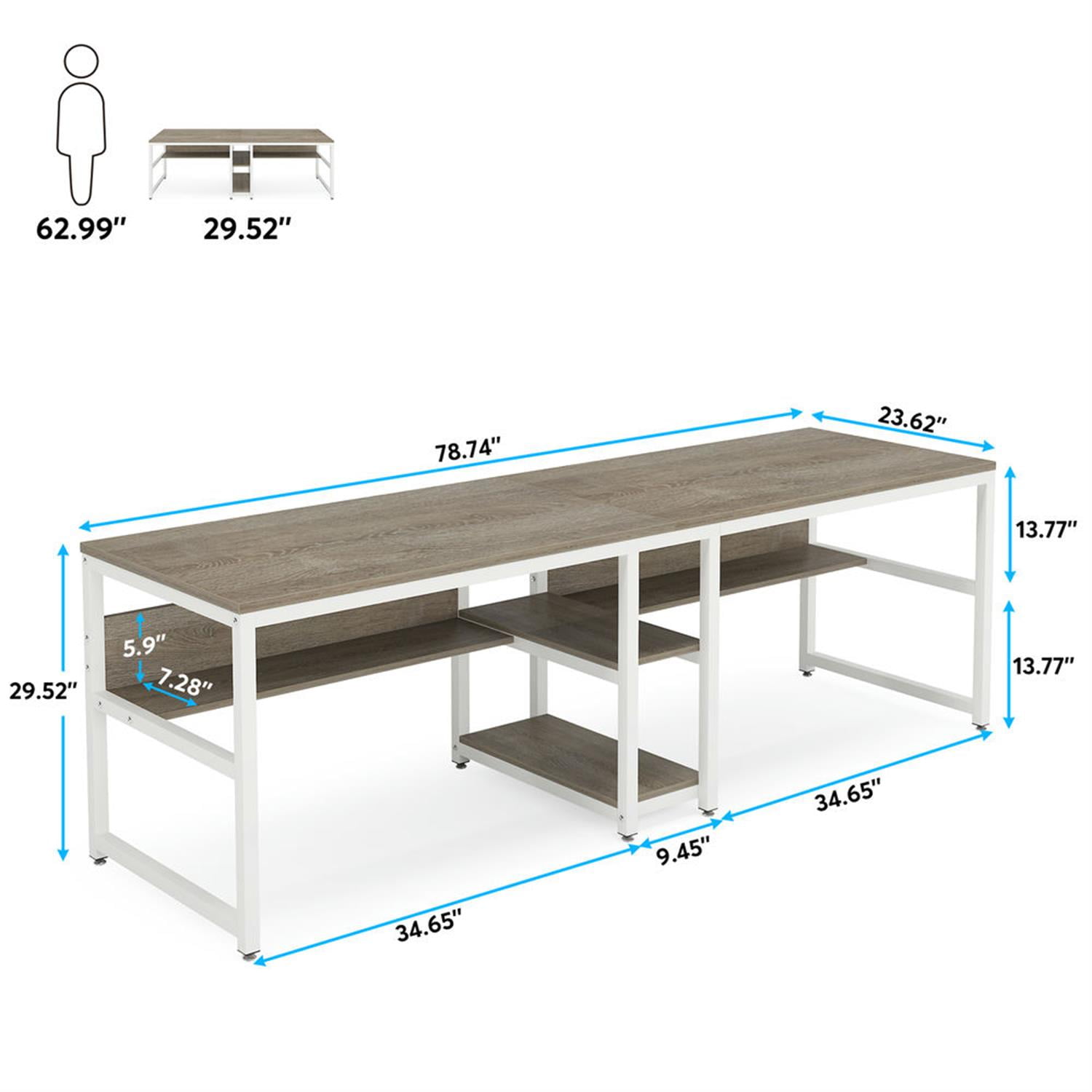 Demi Bonn 78"dustrial Two Computer Desk with Shelves, Modern Double Study Writing Gaming Table for Home Office, Gray & White