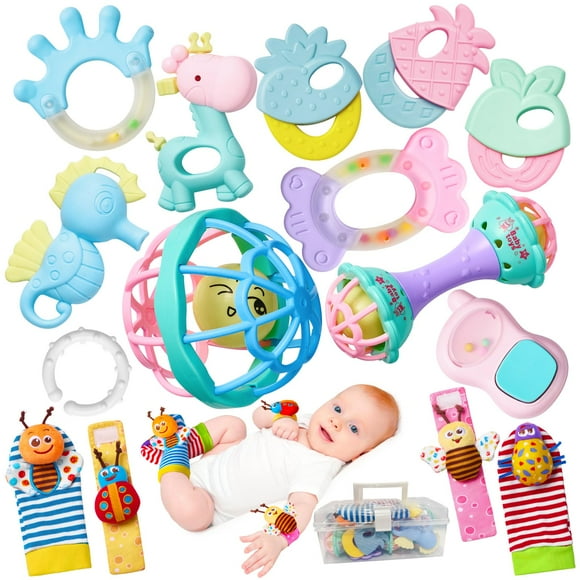 Juego de sonajeros AOYOHOMOA de 0 a 6 meses con sonajeros para muñeca y tobillo x15